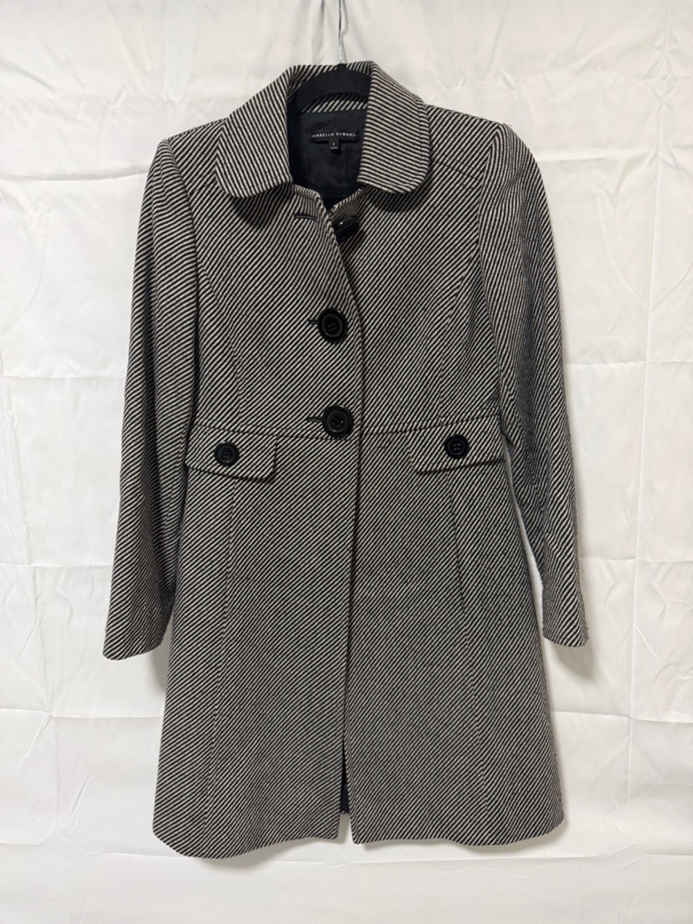 Isabella Demarco Black & White Herringbone Wool-Blend Pea Coat